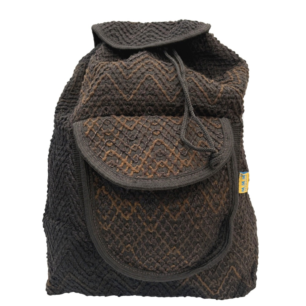 MMM Artesanias Woven Backpack Black Brown Boho Crochet Drawstring Rucksack Bag